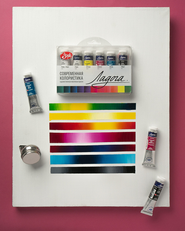 Набор масло "Ладога" Современная колористика, 6 шт х18 мл, в пластиковом коррексе с европодвесом 606x758